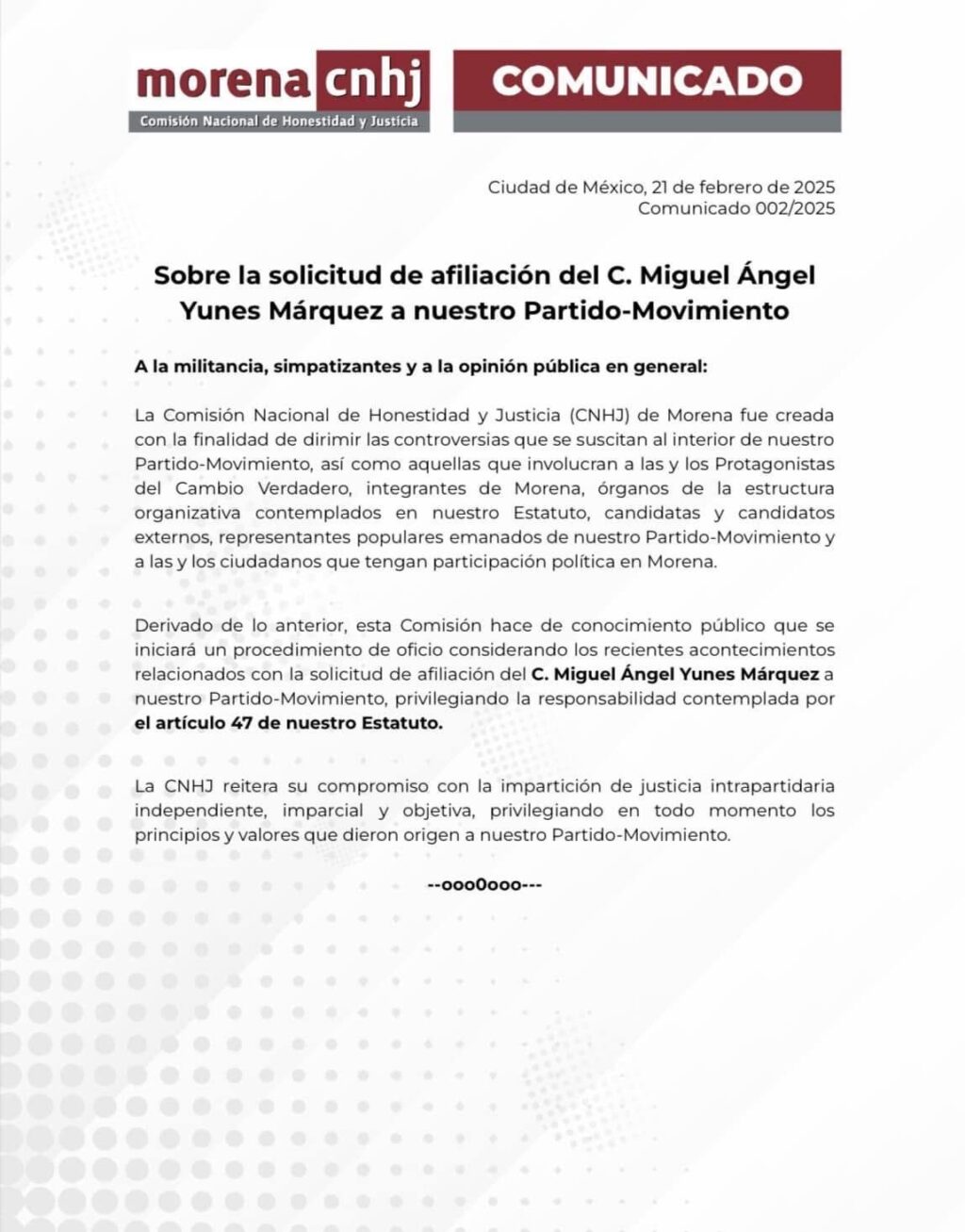 Se pronuncia Comisión Nacional de Honestidad y Justicia de Morena ante solicitud de afiliación de Miguel Ángel Yunes Márquez