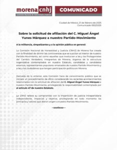 Se pronuncia Comisión Nacional de Honestidad y Justicia de Morena ante solicitud de afiliación de Miguel Ángel Yunes Márquez